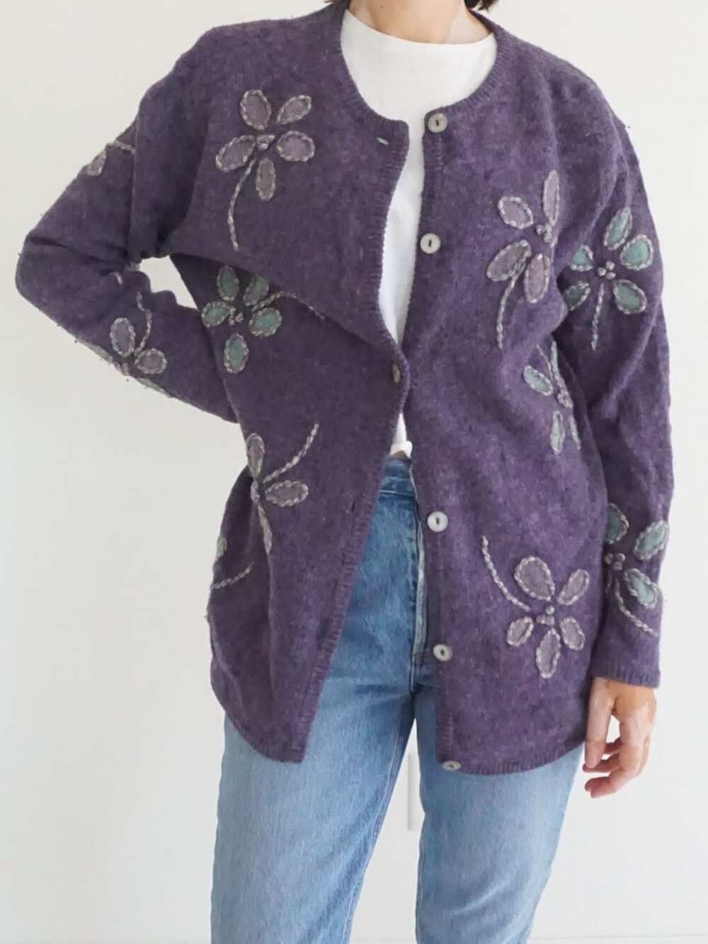 Vintage Talbots Purple Floral Embroidered 100% Wool Knit Button Button CardiganM